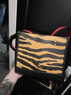 Coach Tiger Stripe Leather Crossbody in Black & Tan with Red Strap Accents